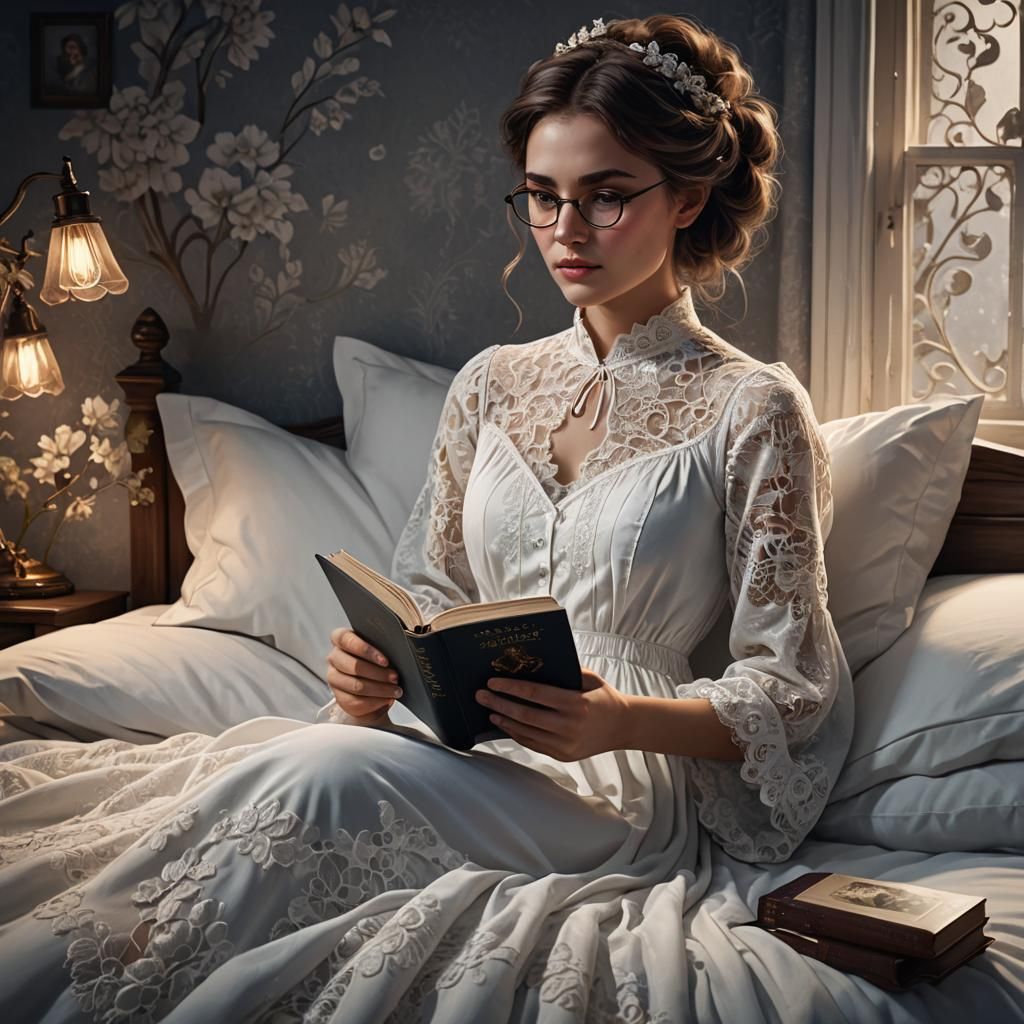 Woman Reading in Bed: Fantasy Art in Deep Color