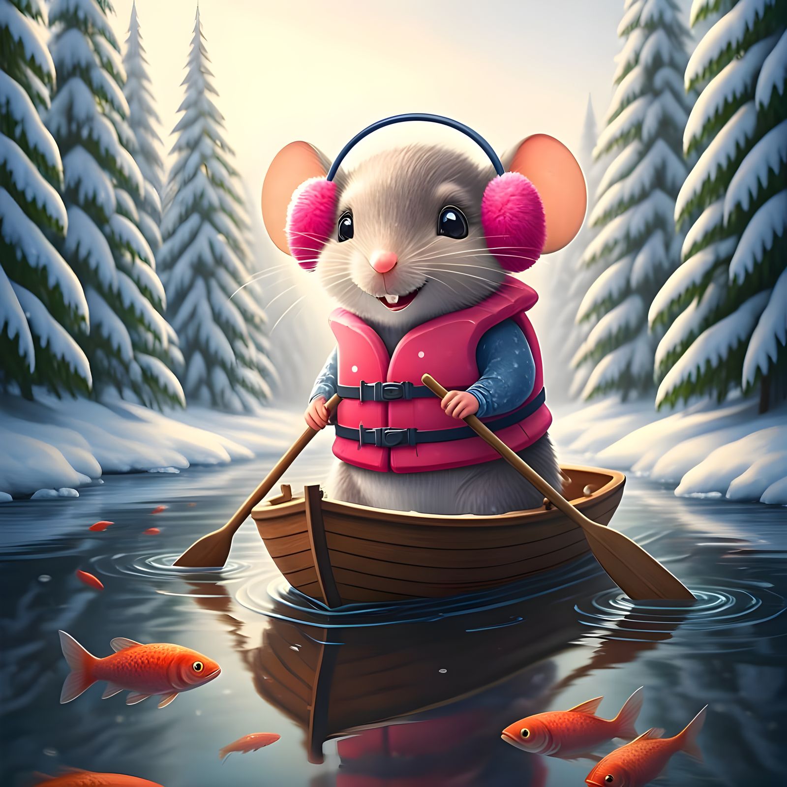 A cute little fluffy female mouse wearing earmuffs and pink ...