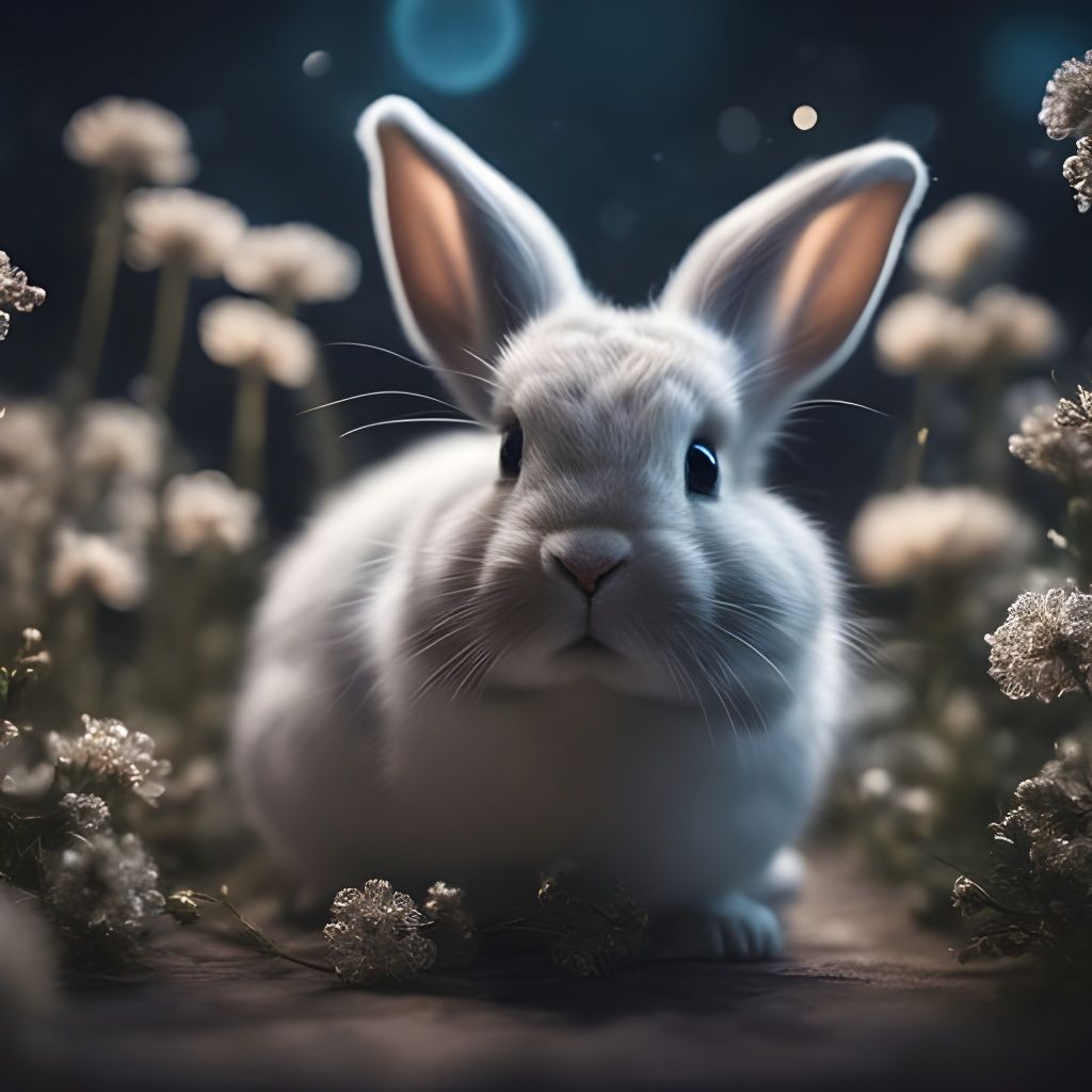 Fluffy Rabbit Surrounded by Silver Flowers in Macro