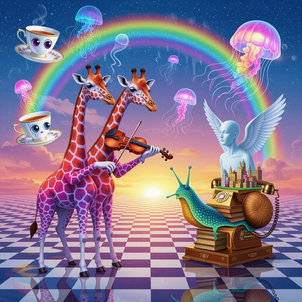 Surreal Dreamscape: Three-Headed Giraffe Plays Violin Amidst...