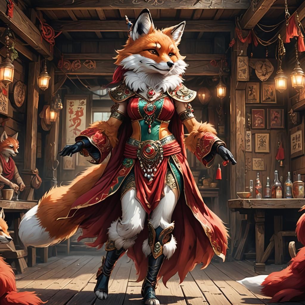 Toriyama Style Fox Belly Dancer in Tavern