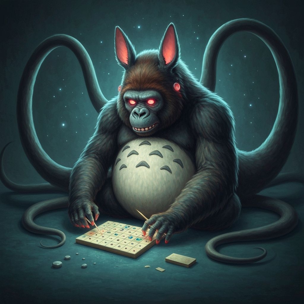 Gorilla-Totoro Hybrid Solves Cosmic Sudoku Impasto Painting