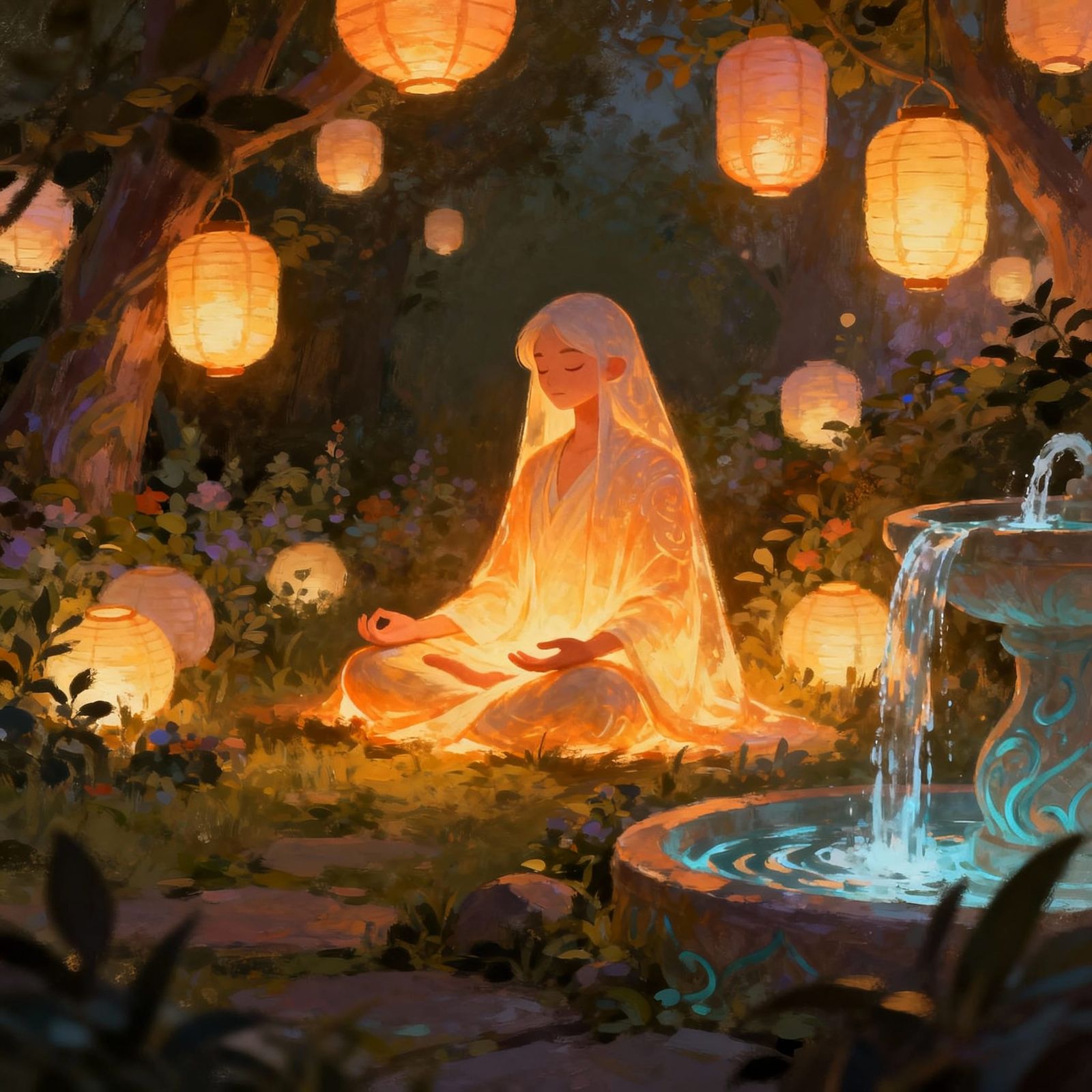 Stylized Figure in Glowing Lantern Garden