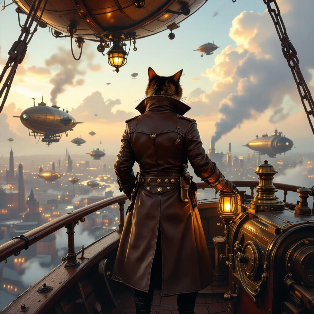 Steampunk Cat Airship Captain Overlooking Skyport