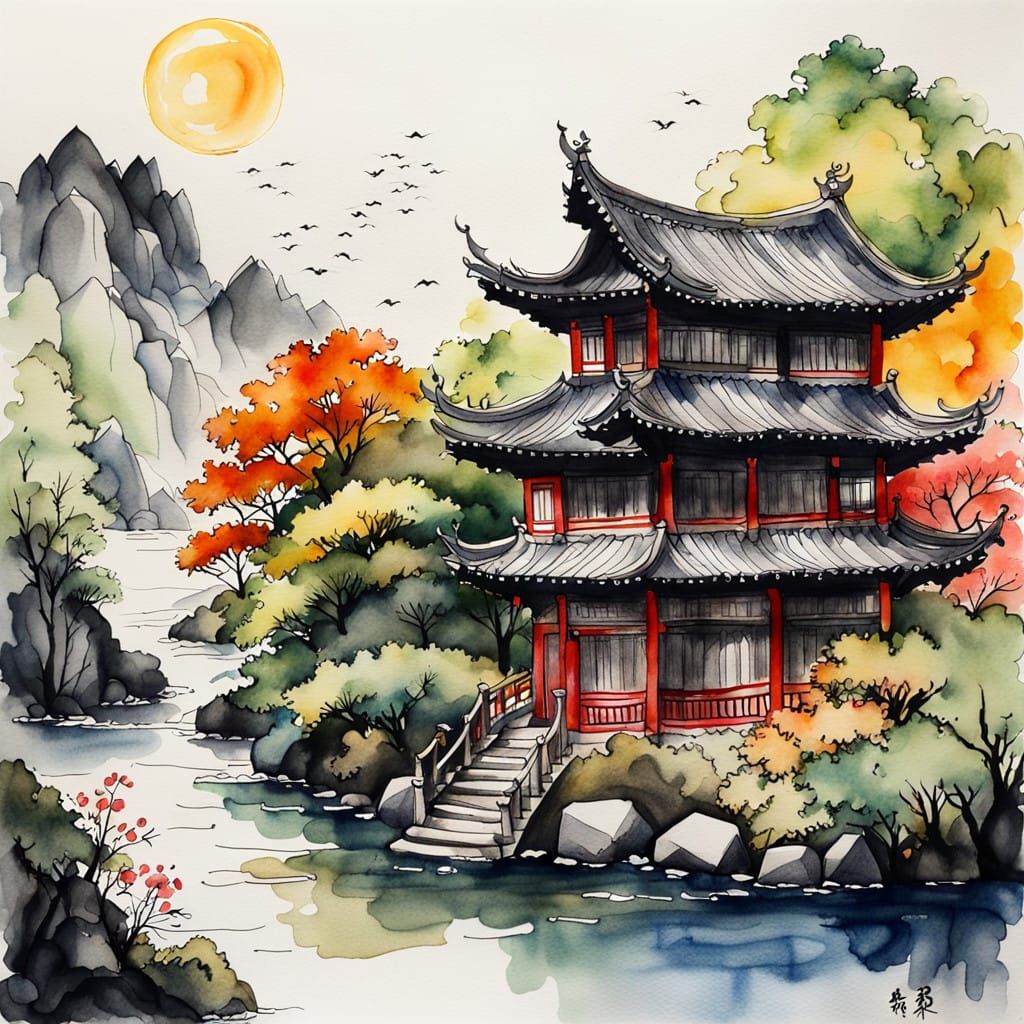 Eastern Folk Art Watercolor Ink Drawing