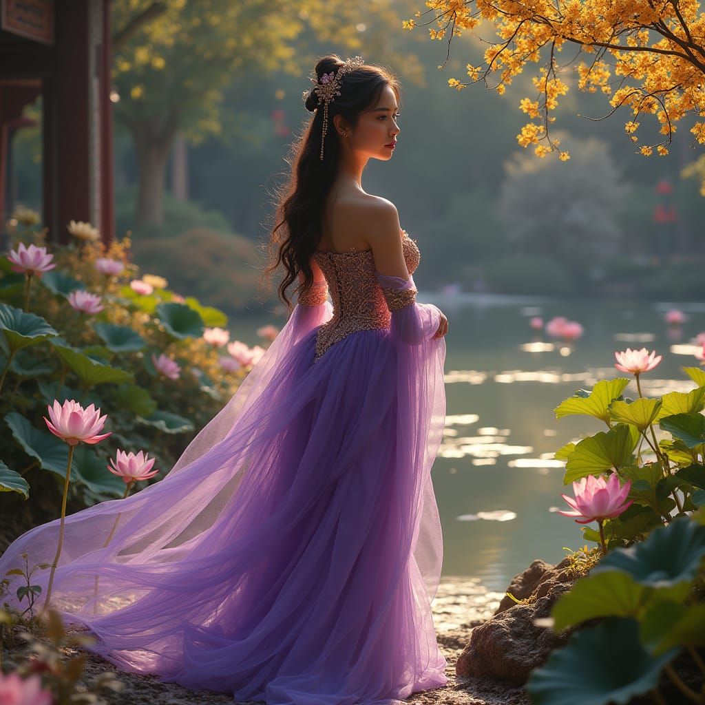 Chinese Woman in Gown near Lotus Pond