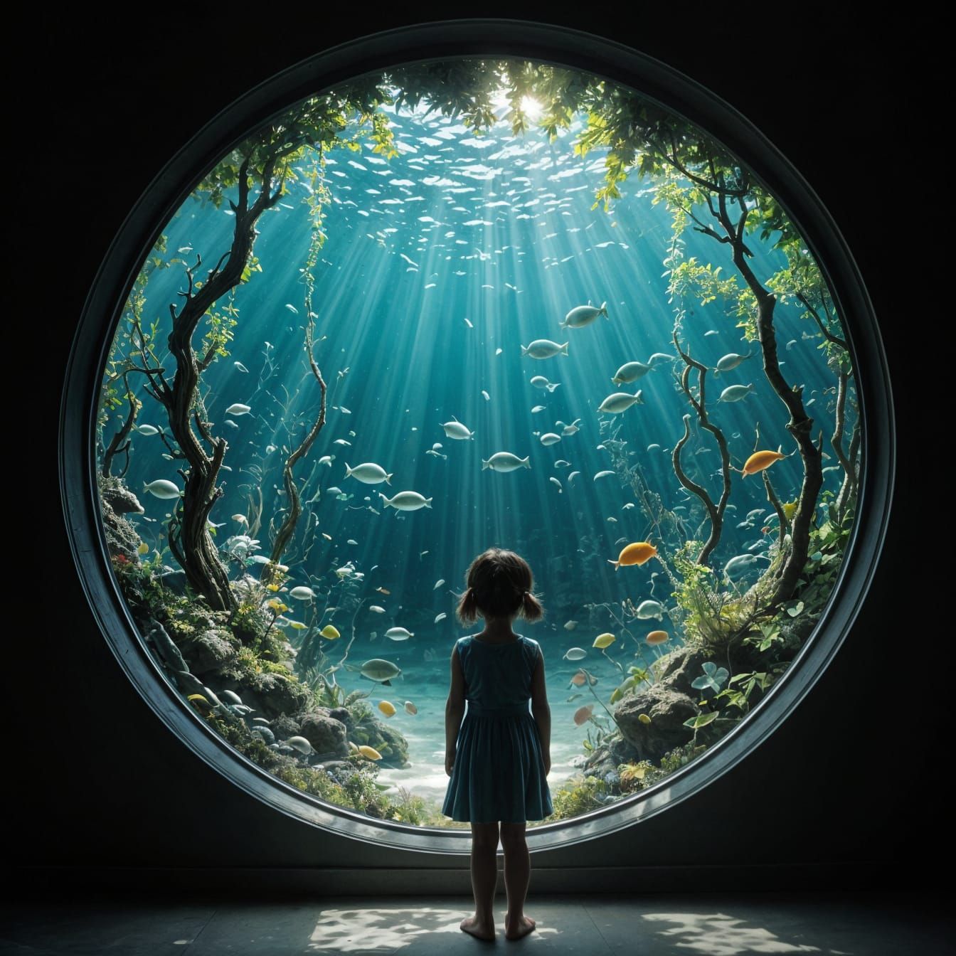 Child Contemplates Underwater Wonderland Through Large Glass...