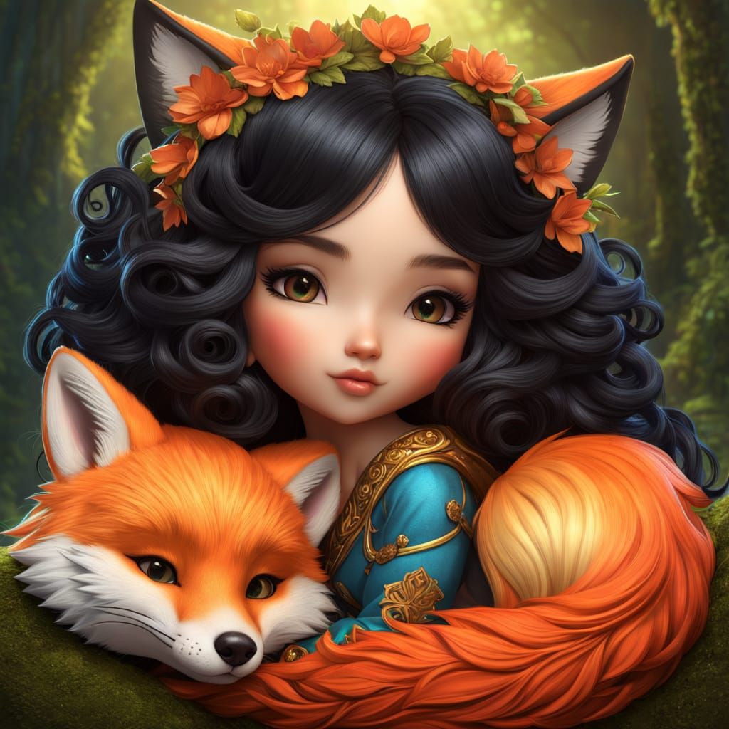 Supercute Chibi Woman Cuddles Fox in Cinematic Style