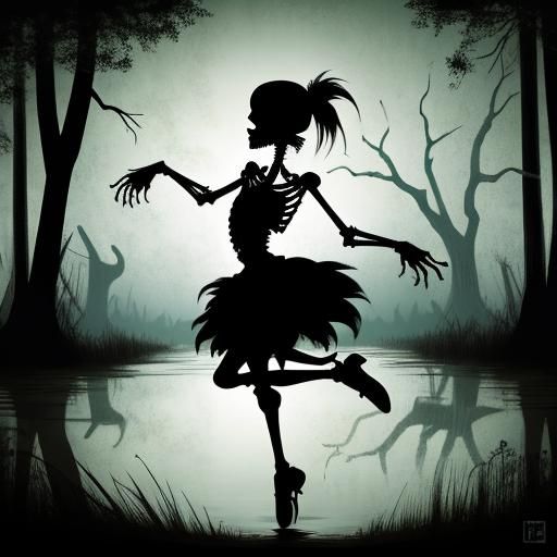 Skeletal Zombie Ballerina Dances in Swamp Silhouette