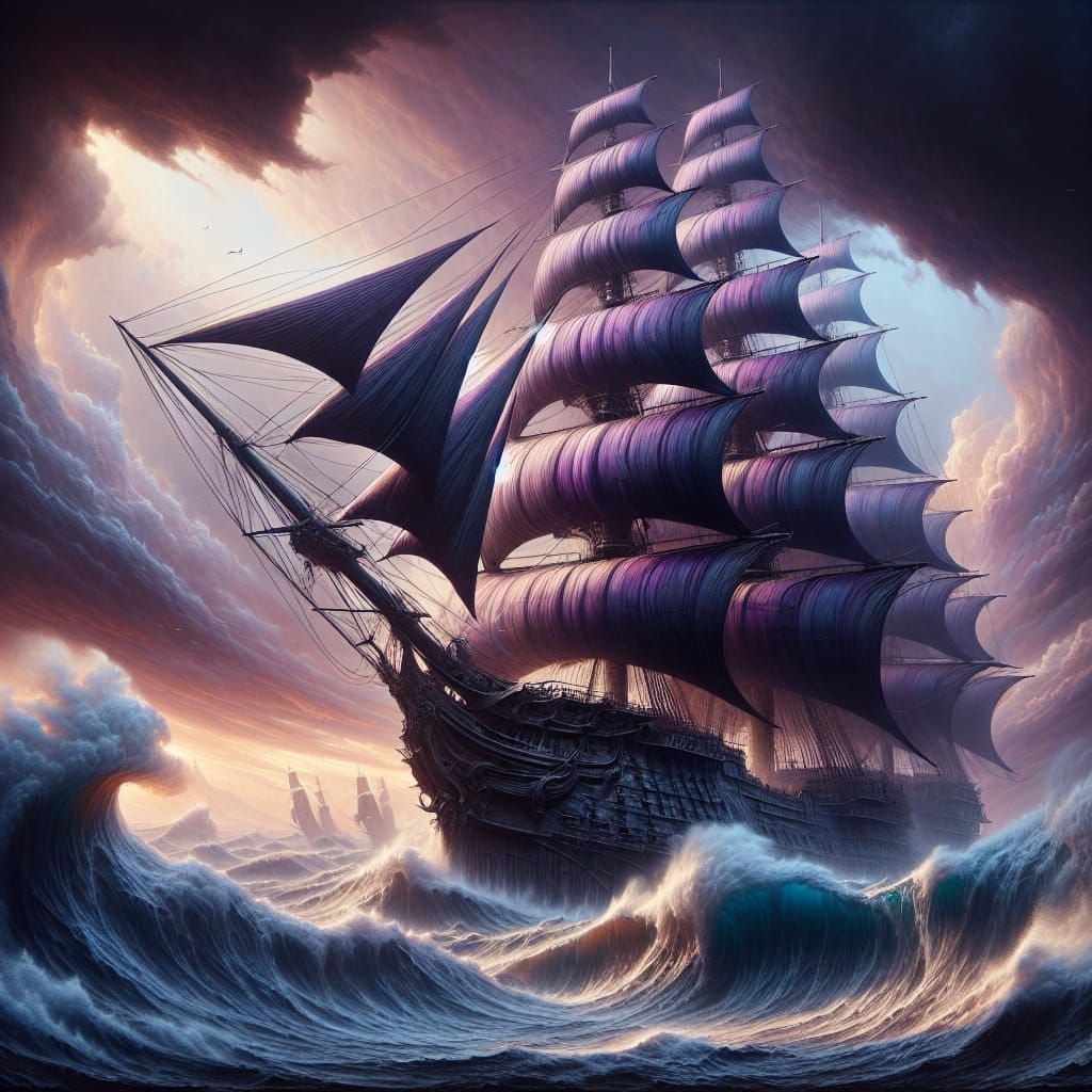 Majestic Ebony Tall Ship Sails Through Tempestuous Seas in H...