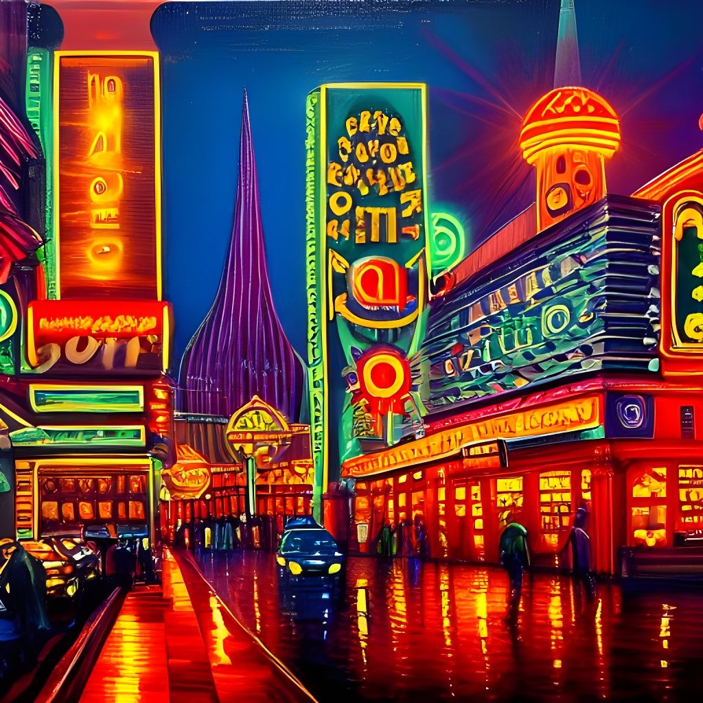 Bustling Cityscape with Spherical Buildings in Oil Painting ...