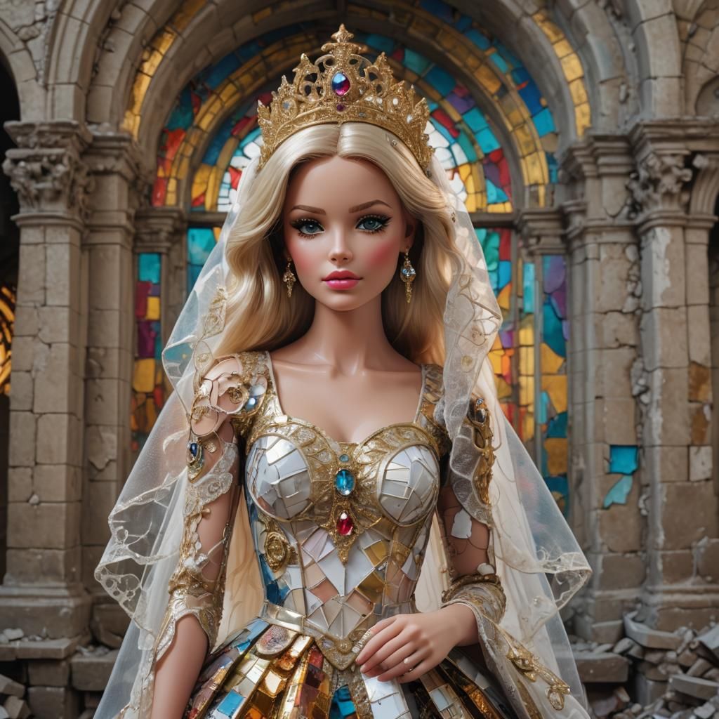 Barbie in Ruined Church, Acrylic Painting