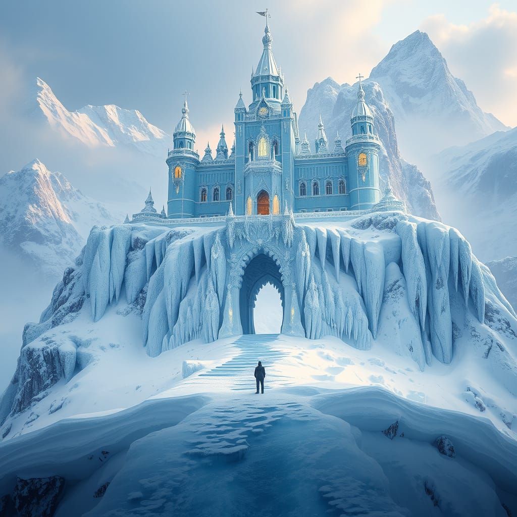 Majestic Ice Palace on Snowy Peak in Fantasy Art Style