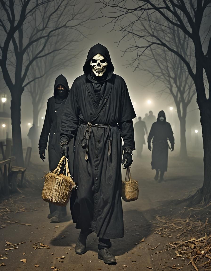 Eerie Harvest Night Scene with Masked Killers