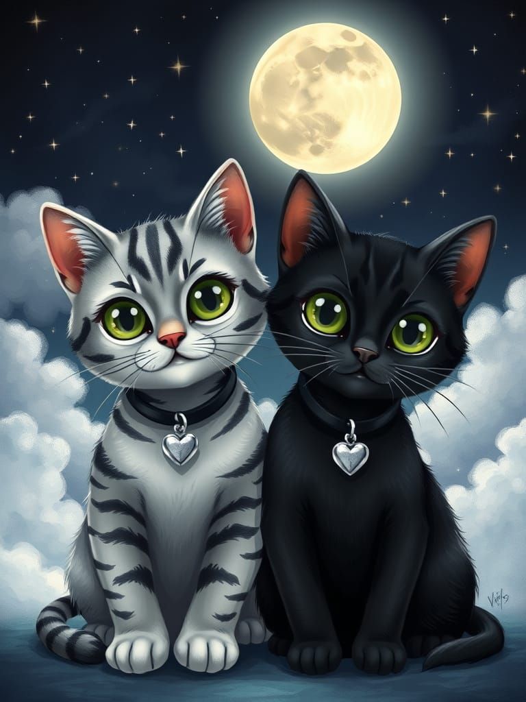 Whimsical Cats Under a Luminous Full Moon in Dreamlike Digit...