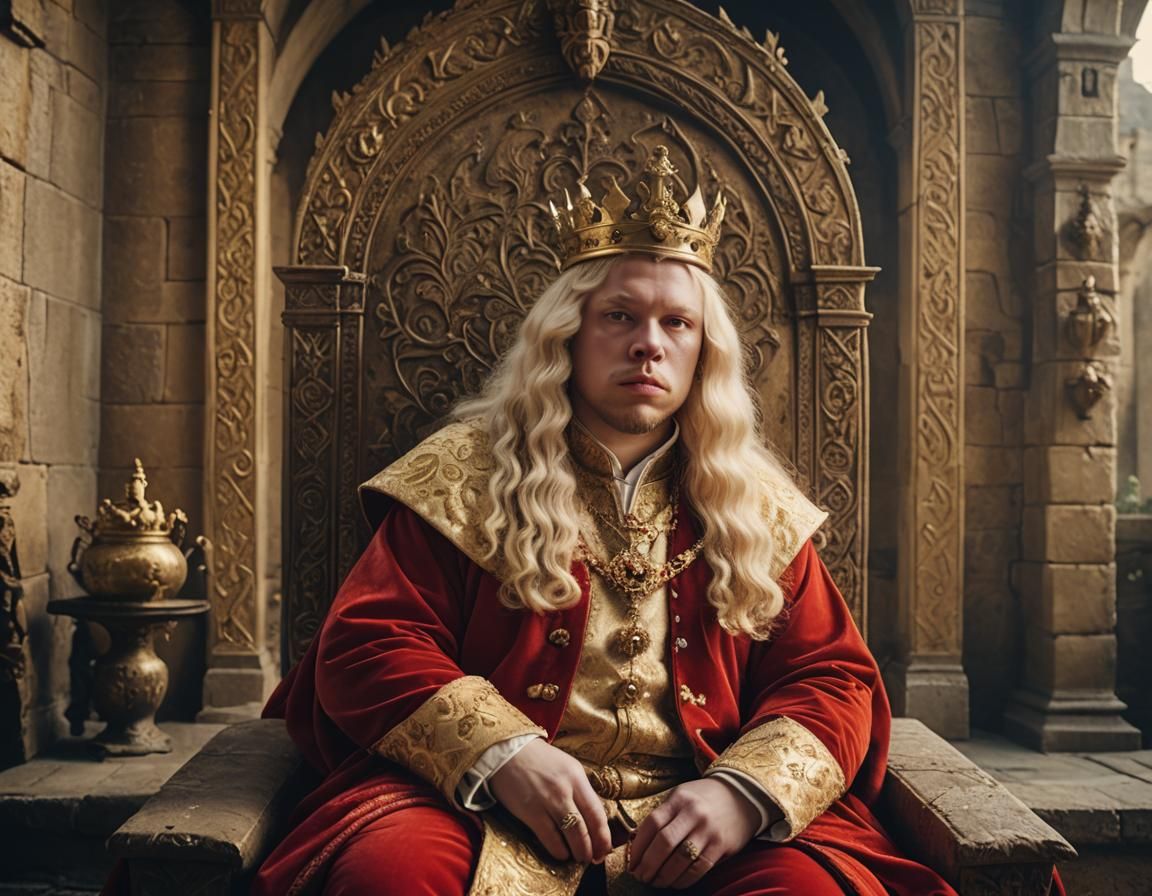 Albino King on Throne in Medieval Castle