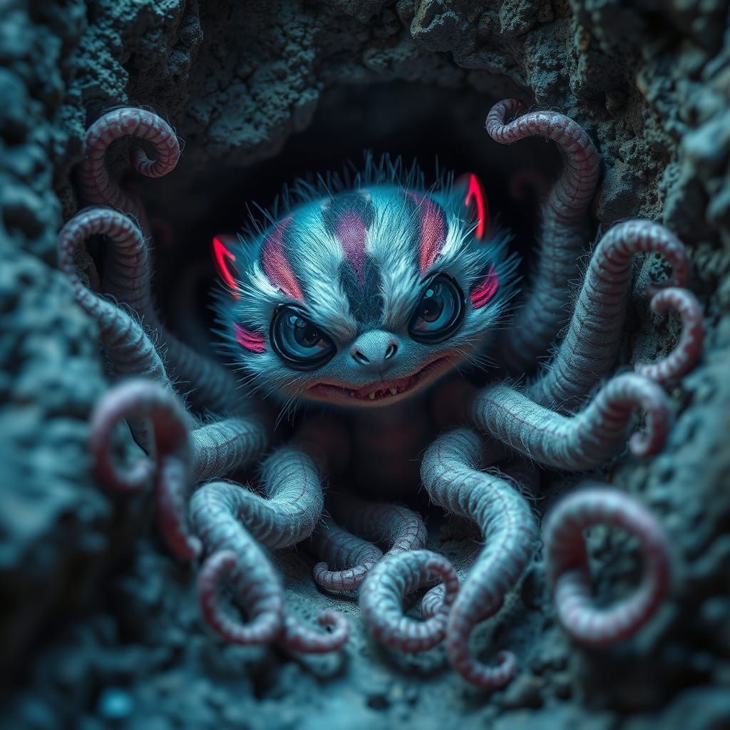 Creepy-Cute Creature with Neon Stripes in Rock Fissure