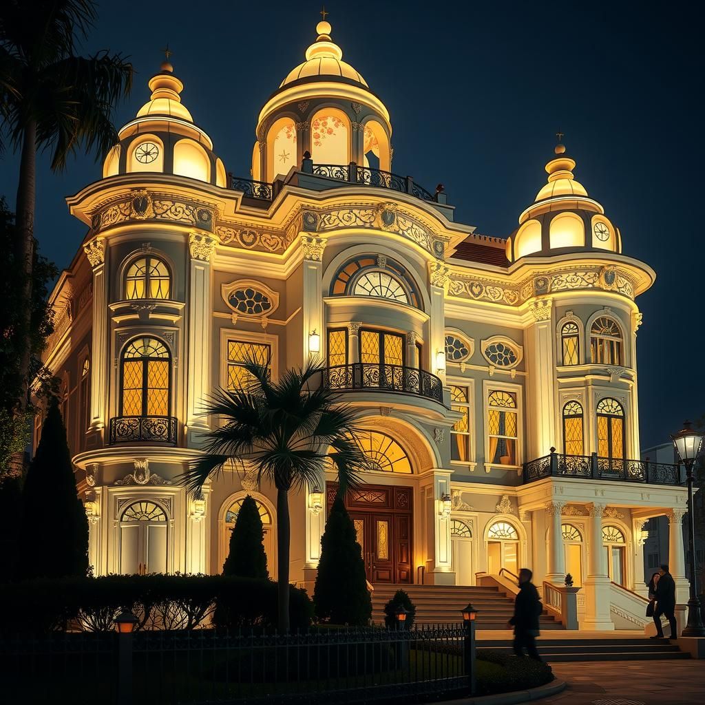Art Deco Mansion at Night in Art Nouveau Style