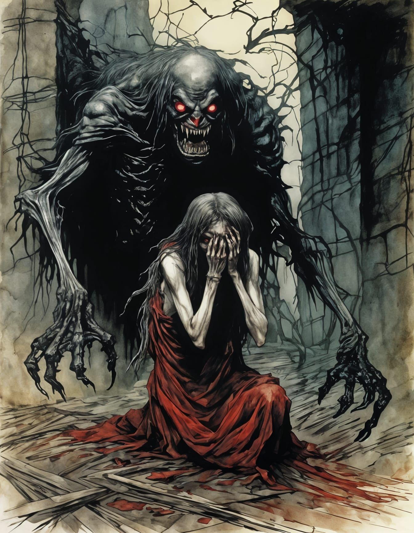 Dark Fantasy Horror Art of a Twisted, Red-Eyed Monster