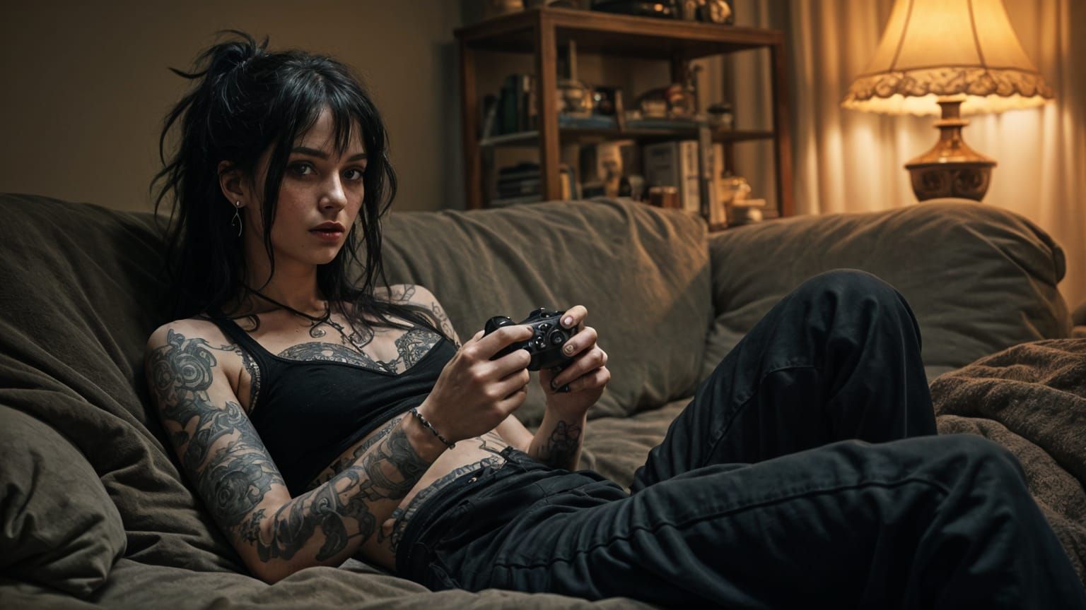 Goth Gamer Unwinds at Home in Dark Cyberpunk Style