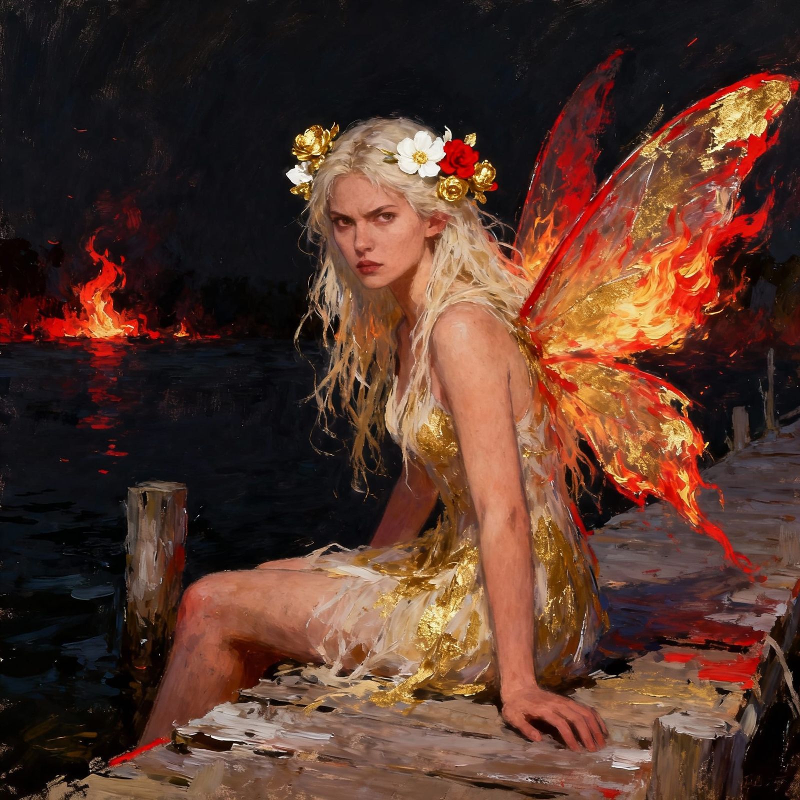 Fairy on Dock with Fiery Wings: Fantasy Matte Painting