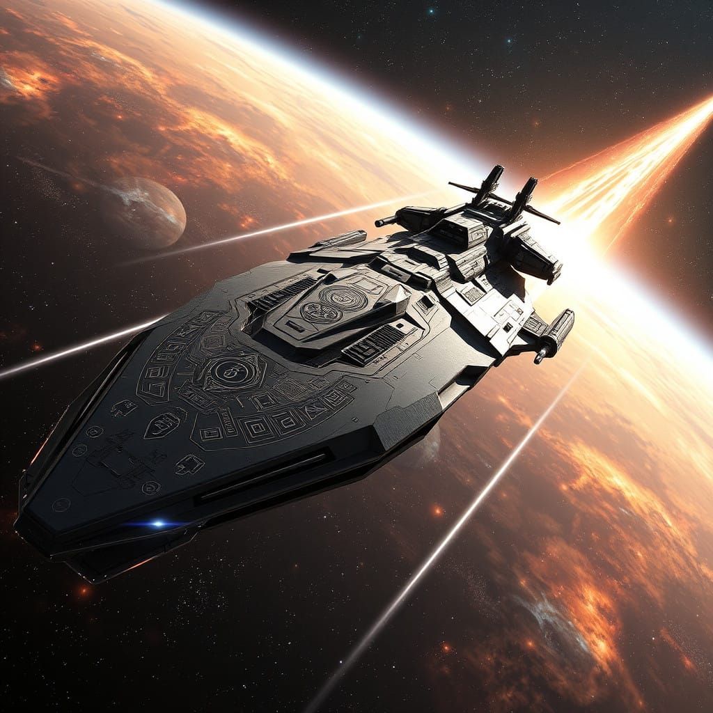 Majestic Space Battleship Soars Through Cosmic Expanse in Cy...