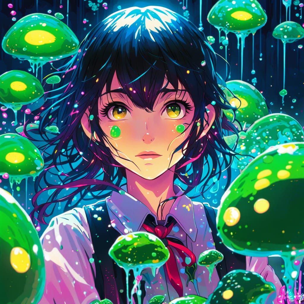 Anime Druid Surrounded by Slime Blobs