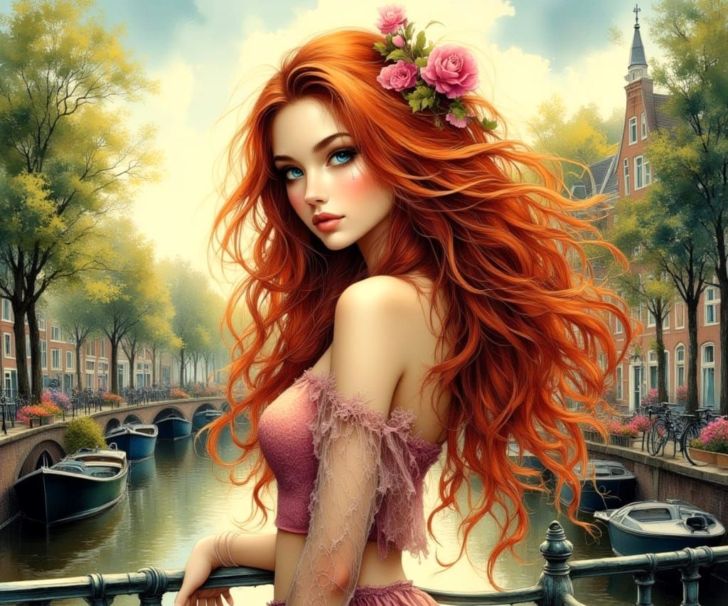 Anime Woman in Holland by Canals, Ethereal Watercolor Style