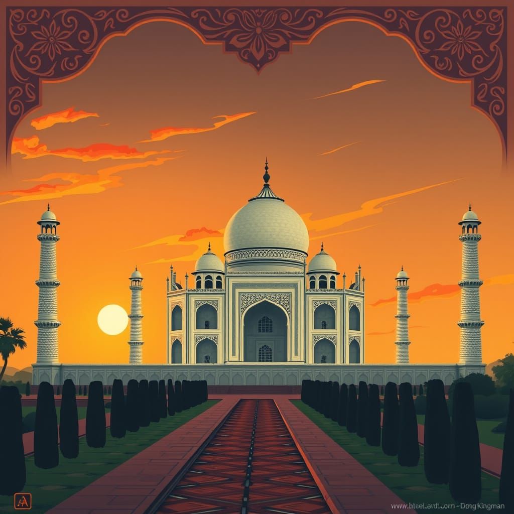 Taj Mahal Sunset: Vintage Art Deco Travel Poster