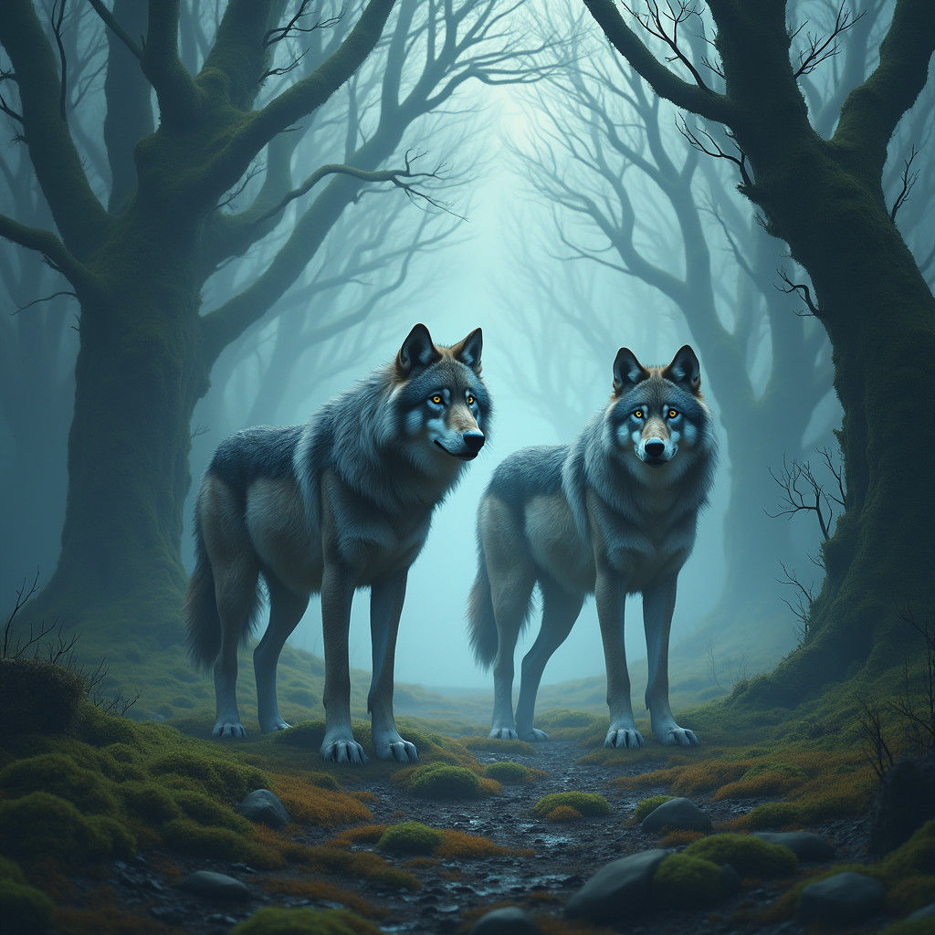 Wolves in Misty Forest: Fantasy Concept Art