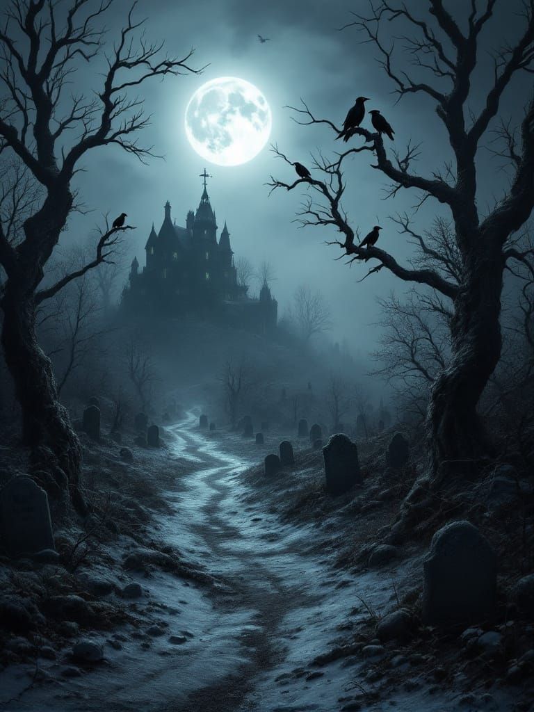 Gothic Cemetery Under Bone-White Moon