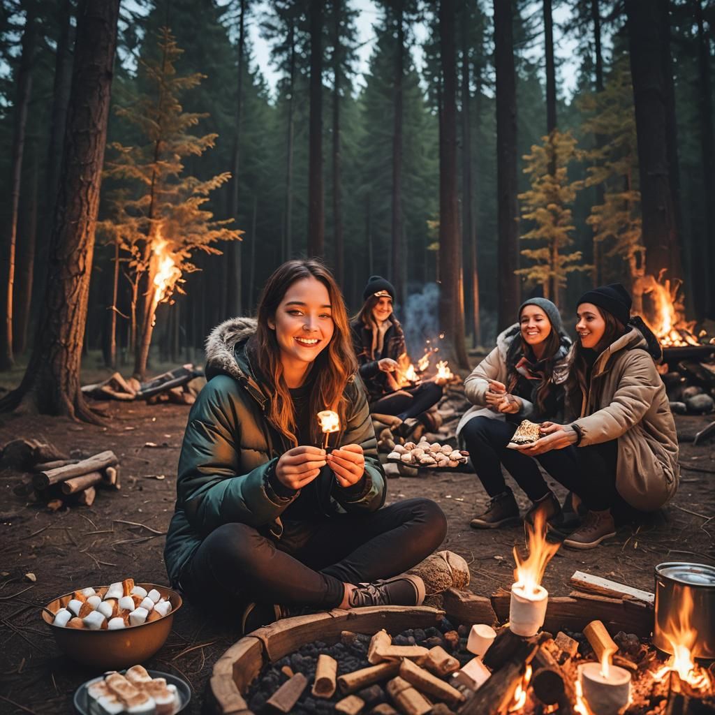 Friends Enjoying Marshmallows by Bonfire at Night