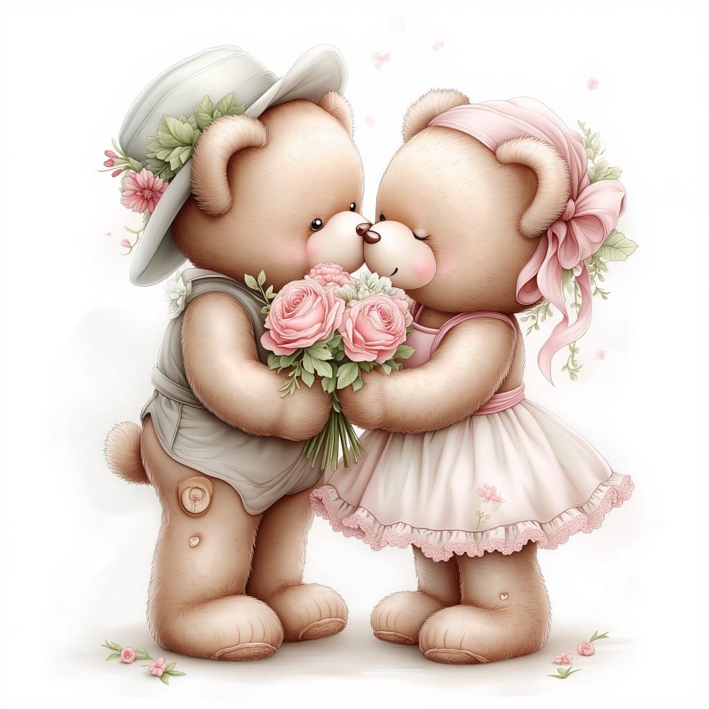 Romantic Teddy Bear Couple Kissing in Pastel Style