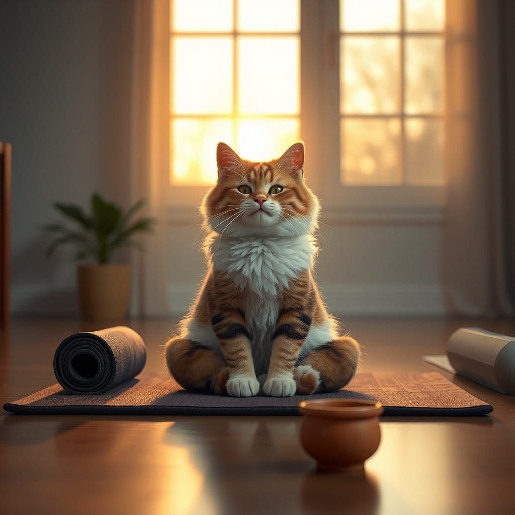 Whimsical Cat Meditates in a Golden Hour Sanctuary