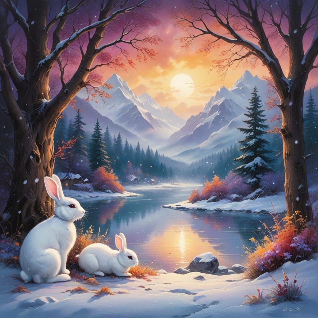 Surreal Winter Wonderland Scene in Watercolor Style