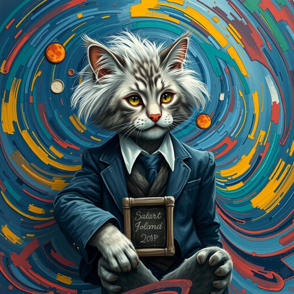 Whimsical Einstein Cat in Vibrant Post-Impressionist Dreamsc...