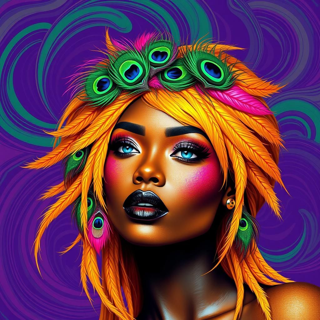 Vibrant African Woman with Peacock Feathers, Digital Art