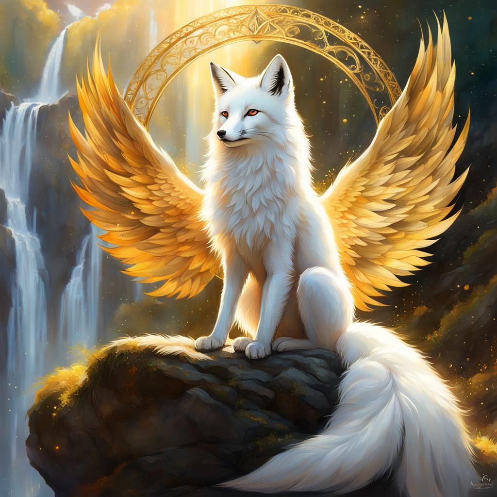 Majestic White Fox Goddess Before Golden Sun