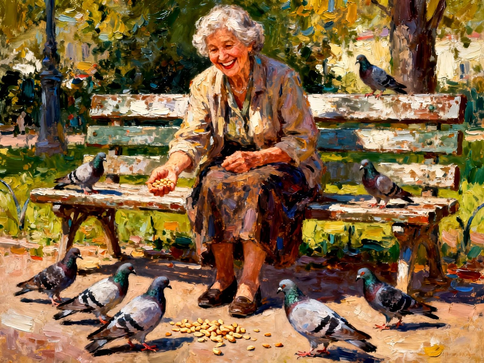 An old woman sitting on a park bench feeding the pigeons,  she is happy and smiling.  Pigeons are on the bench beside he...
