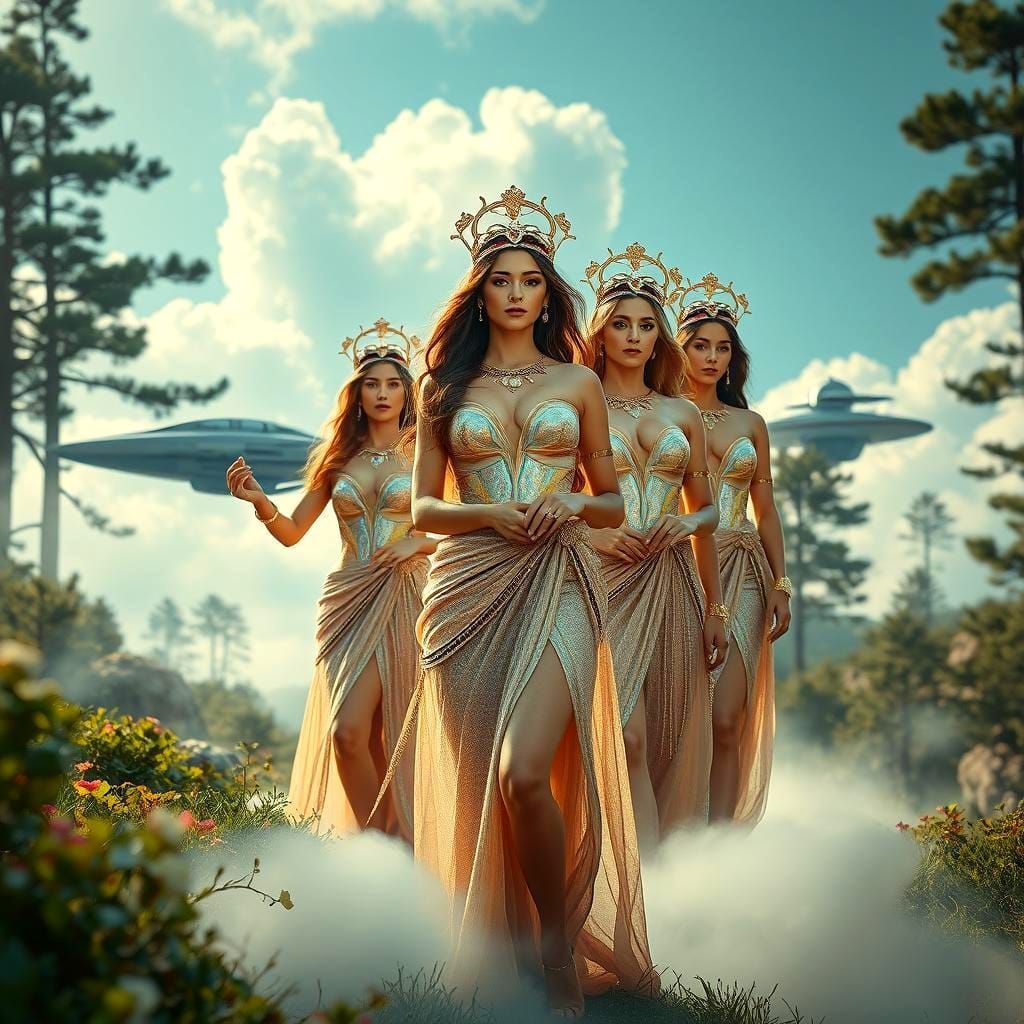 Futuristic Olympus Goddesses Arrive in Spaceships