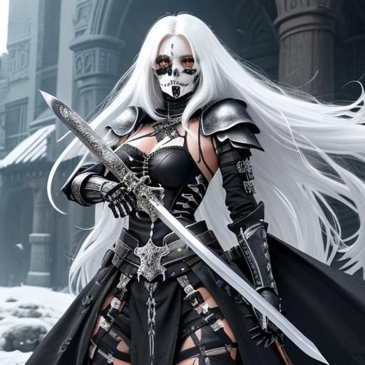 Armored Woman Warrior with Skeleton Face Tattoo