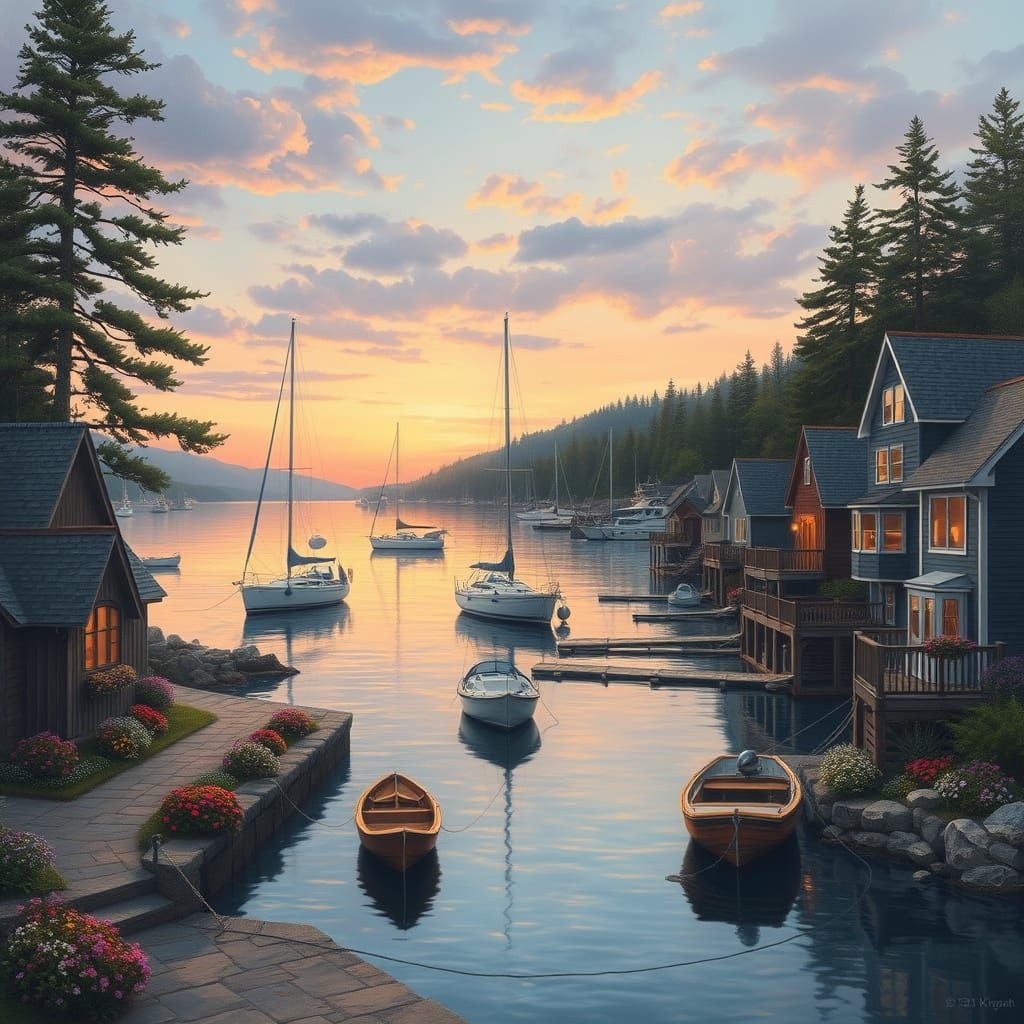 Harbor Village at Dusk in Kinkade Style