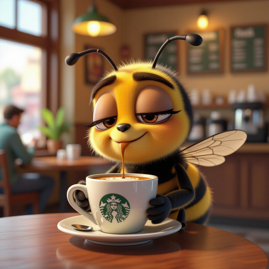 Tired Bee Sips Coffee in Pixar Style
