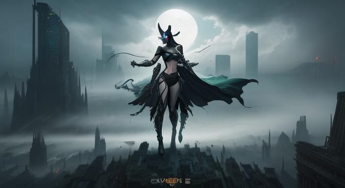 Woman with Markings Floating in Cityscape