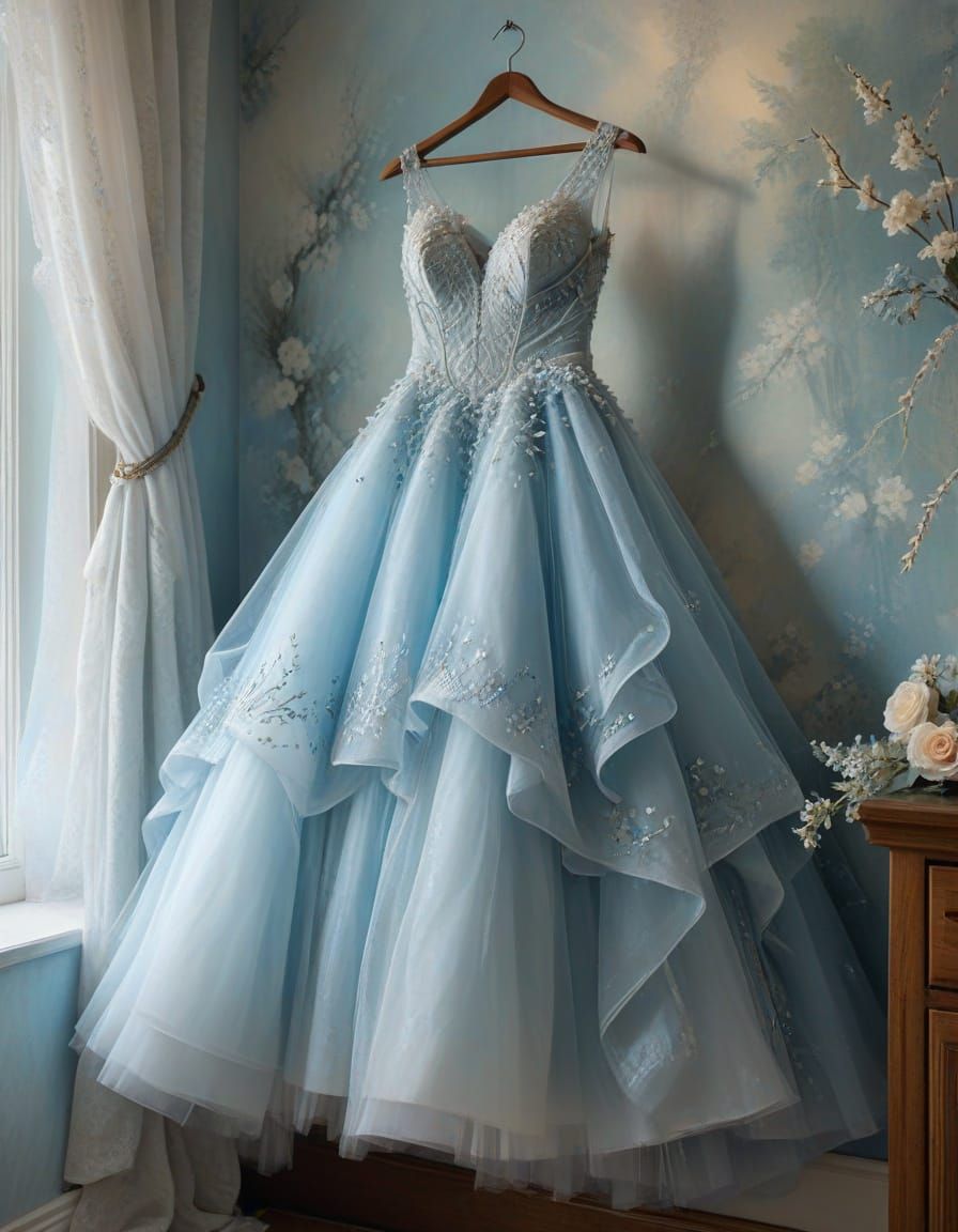 Ethereal Blue Tulle Wedding Gown on Wall