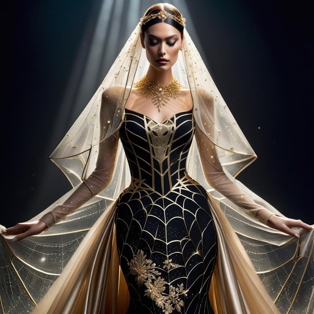 Spiderweb Dress with Spiders, Gold and Crystals