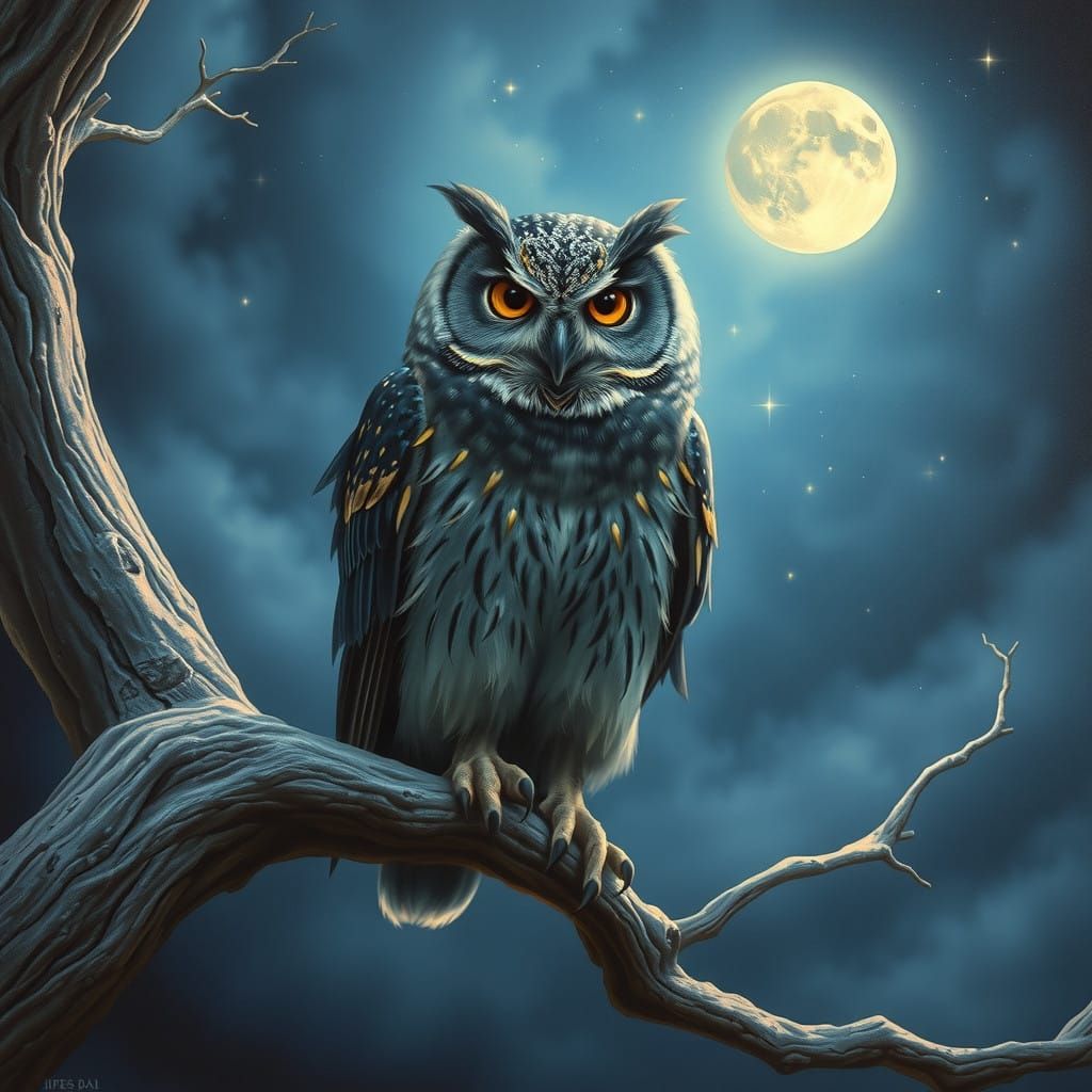 Mystical Owl Perched on Ancient Tree in Ethereal Night Sky