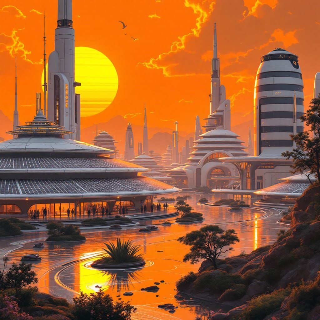 Retro-Futuristic Solar City in Warm Sunlight