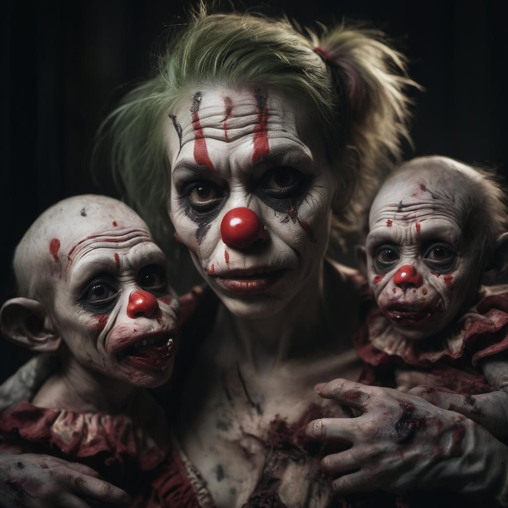 Grotesque Zombie Clown Nursing Twins Portrait