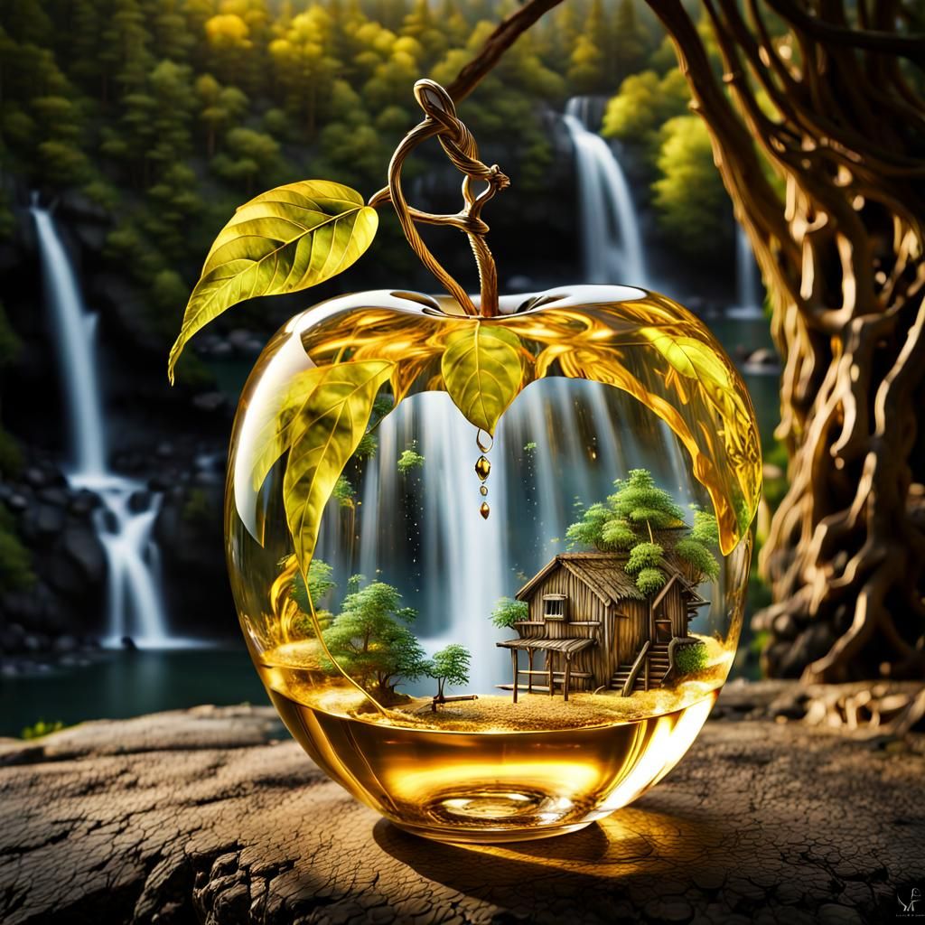 Crystal Glass Apple with Mountain Waterfall Scene